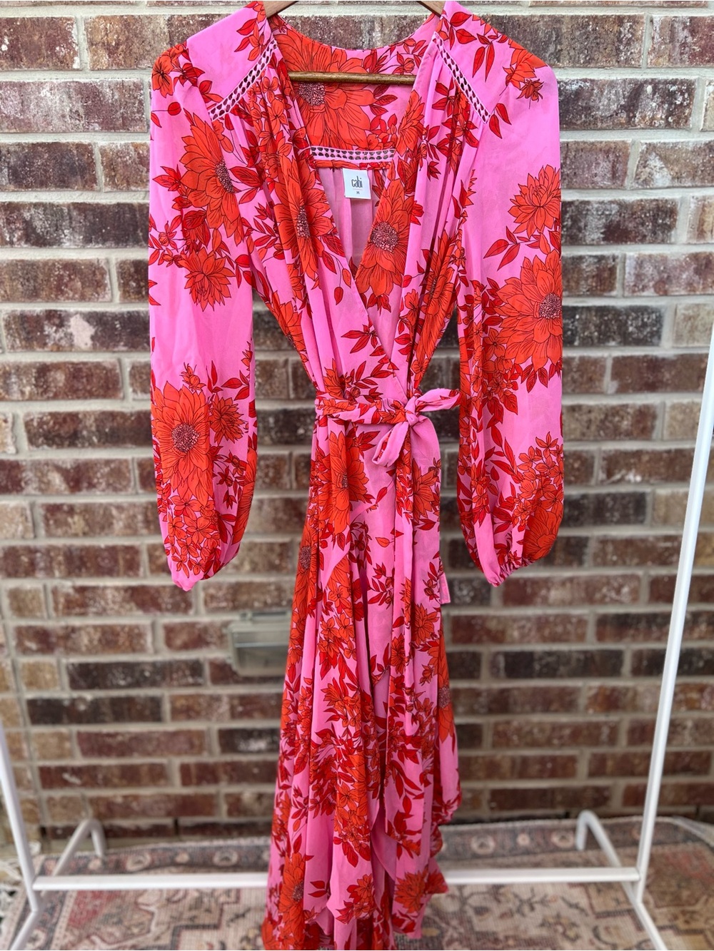 Cabi "Drama" Pink Red Floral Sheer Chiffon Wrap Maxi Dress Size Medium